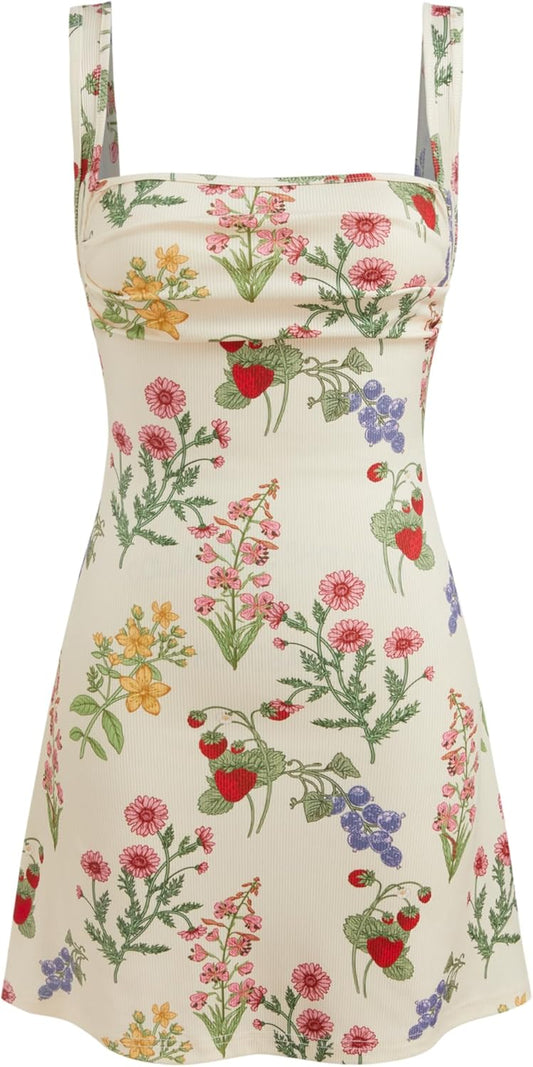 Women'S Summer Floral Dress Square Neck Mini Dress Sleeveless Cute Sundress Party Dresses Trendy 2025